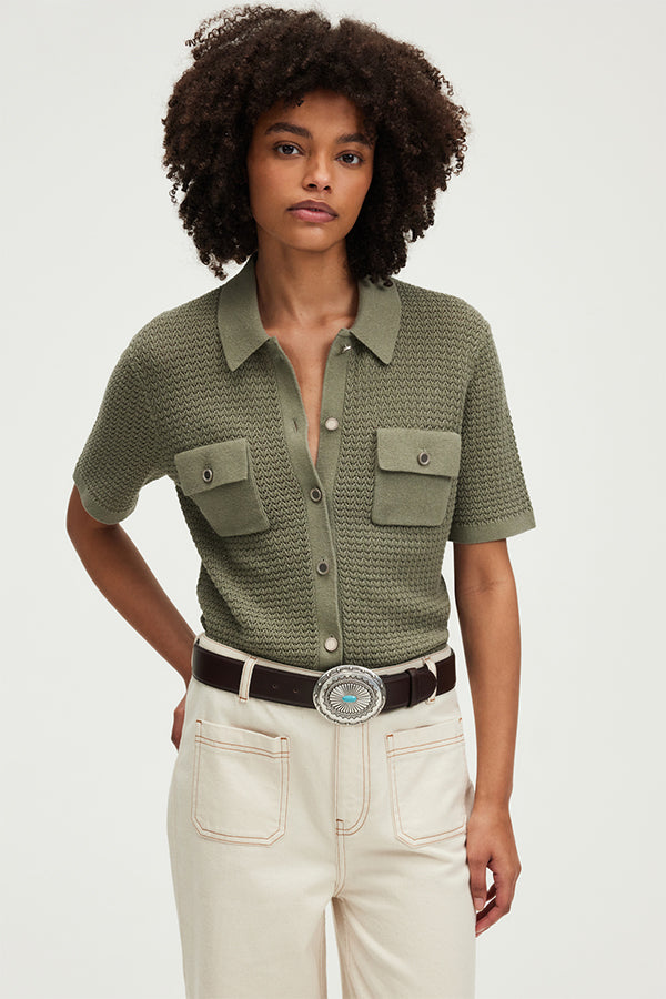 JEYDA LINEN AND COTTON CROCHETED POLO SHIRT
