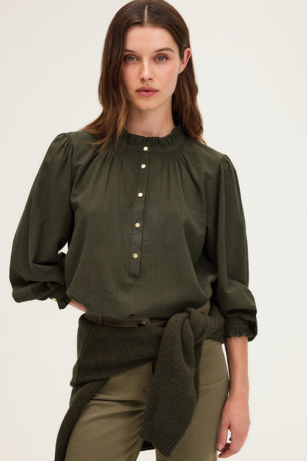 ANISSA KAKI STAND UP COLLAR JACQUARD SHIRT
