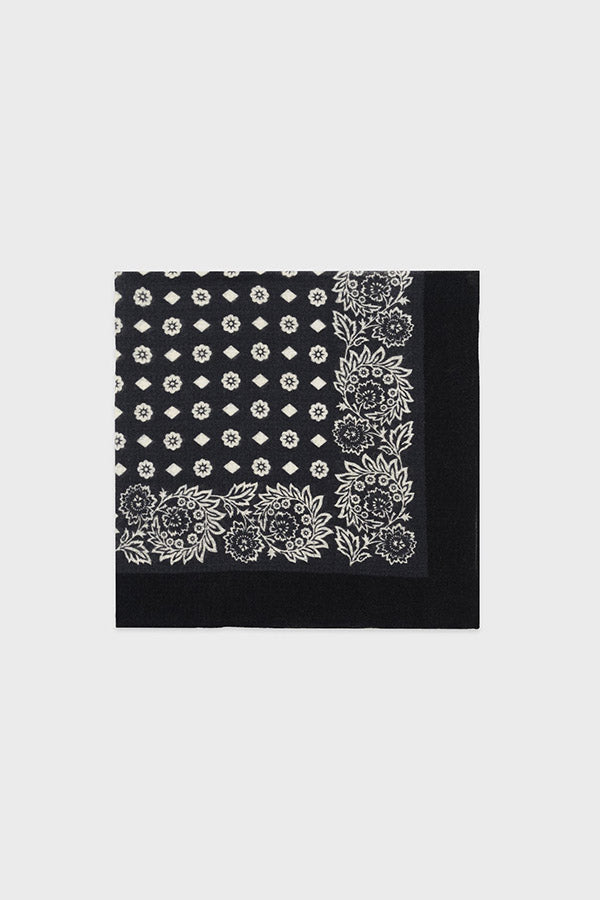 RENELLE BLACK PRINTED WOOL SILK SQUARE SCARF
