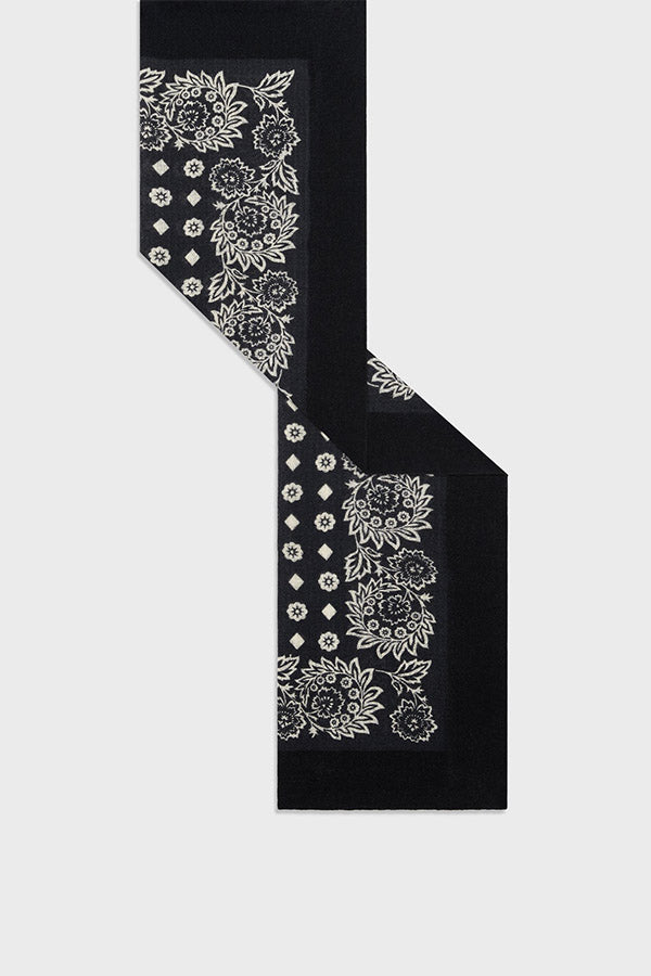 RENELLE BLACK PRINTED WOOL SILK SQUARE SCARF