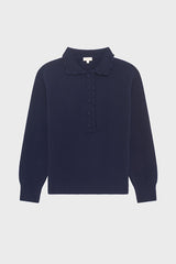 EUGENIA NAVY CROCHET STYLE POLO COLLAR WOOL SWEATER