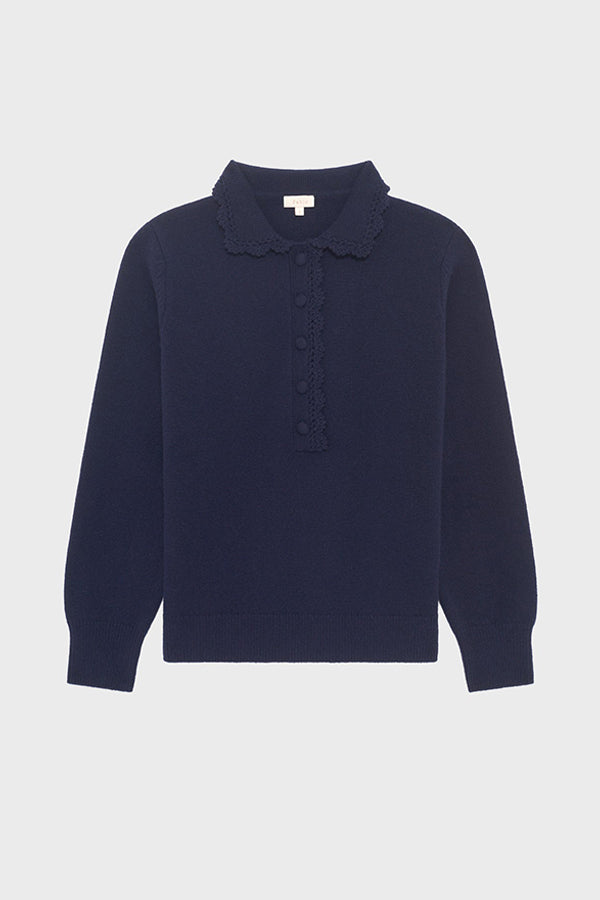 EUGENIA NAVY CROCHET STYLE POLO COLLAR WOOL SWEATER