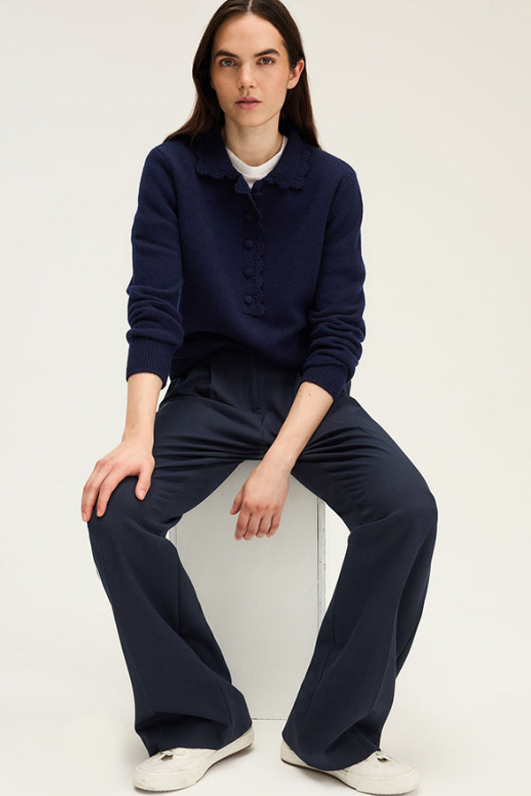 EUGENIA NAVY CROCHET STYLE POLO COLLAR WOOL SWEATER