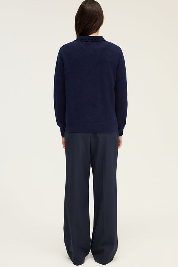 EUGENIA NAVY CROCHET STYLE POLO COLLAR WOOL SWEATER