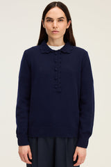 EUGENIA NAVY CROCHET STYLE POLO COLLAR WOOL SWEATER