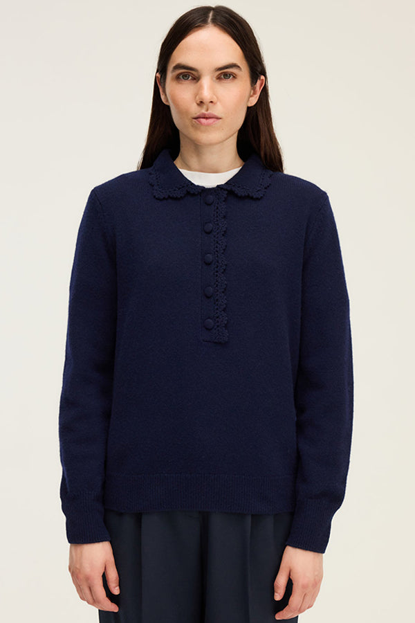 EUGENIA NAVY CROCHET STYLE POLO COLLAR WOOL SWEATER