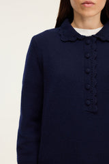 EUGENIA NAVY CROCHET STYLE POLO COLLAR WOOL SWEATER