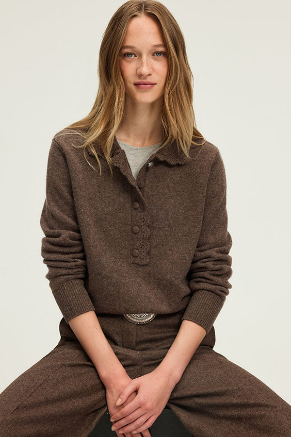 EUGENIA BROWN CROCHET STYLE POLO COLLAR WOOL SWEATER