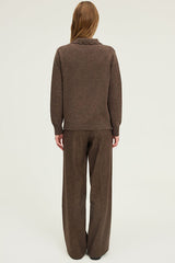EUGENIA BROWN CROCHET STYLE POLO COLLAR WOOL SWEATER