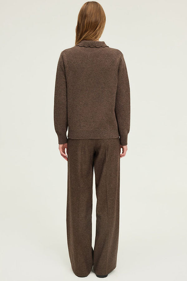 EUGENIA BROWN CROCHET STYLE POLO COLLAR WOOL SWEATER