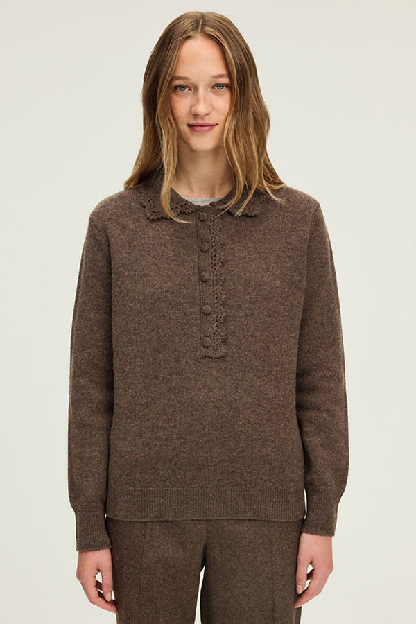 EUGENIA BROWN CROCHET STYLE POLO COLLAR WOOL SWEATER