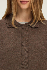 EUGENIA BROWN CROCHET STYLE POLO COLLAR WOOL SWEATER