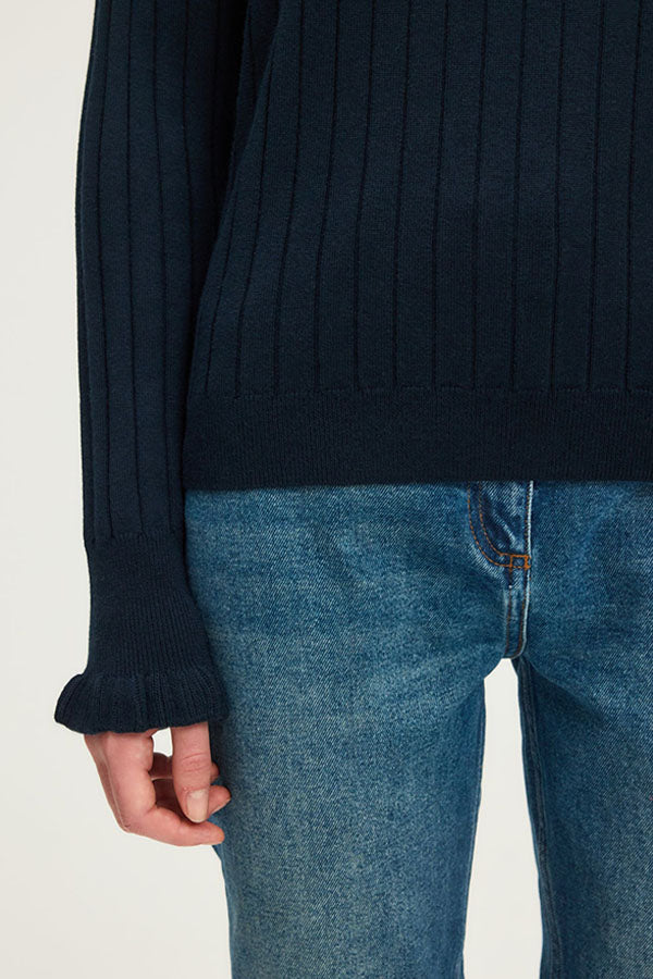 EDORA NAVY GOLD TONE BUTTONS FINE RIBBED SWEATER