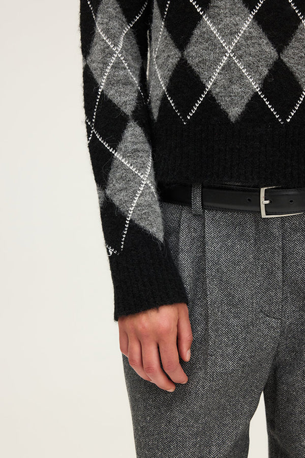 ELEANA CONTRASTING DIAMOND PATTERNS ROUND NECK SWEATER