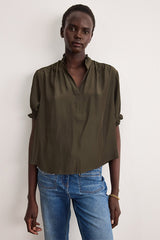 CORALINE GREEN FLOWING RUFFLES BLOUSE