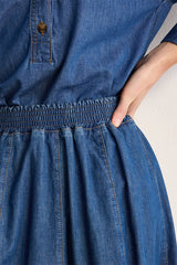 NINAE PLEATED DENIM MIDI SKIRT