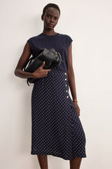 NAYANE BUTTONS POLKA DOT MIDI SKIRT