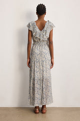 ARLENE BLUE RUFFLES LONG FLORAL DRESS