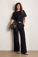 THANA BLACK EMBROIDERED SLEEVES COTTON TSHIRT