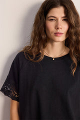 THANA BLACK EMBROIDERED SLEEVES COTTON TSHIRT