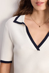 LORETTE TWO TONE RIBBED KNIT POLO SHIRT
