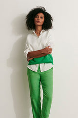 PRALIN11 GREEN STRAIGHT LINEN TROUSERS