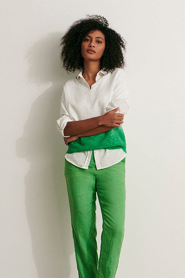 PRALIN11 GREEN STRAIGHT LINEN TROUSERS