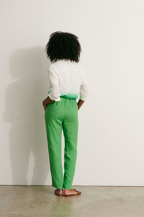 PRALIN11 GREEN STRAIGHT LINEN TROUSERS