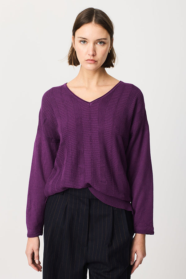 PURPLE KNIT DETAIL SIDE SLIT SWEATER