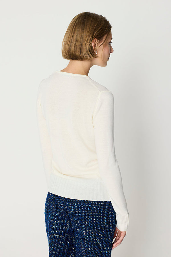 ECRU WIDE RIBBED TRIM BASIC V-NECK SWEATER