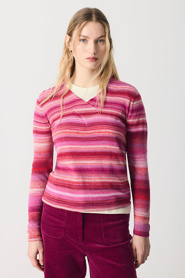 RUBI STRIPED CROSSOVER V-NECK SWEATER
