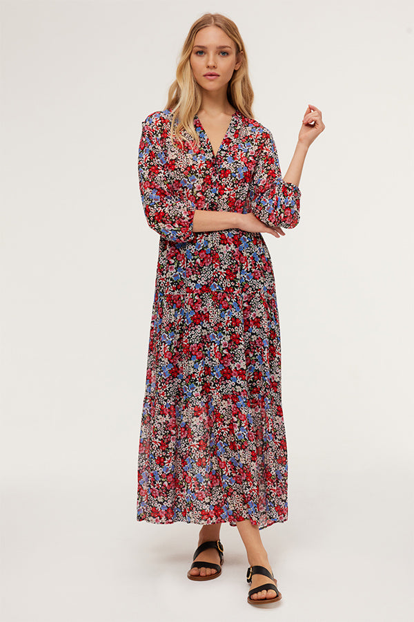 ESTHELE RED FLORAL PRINT LONG DRESS