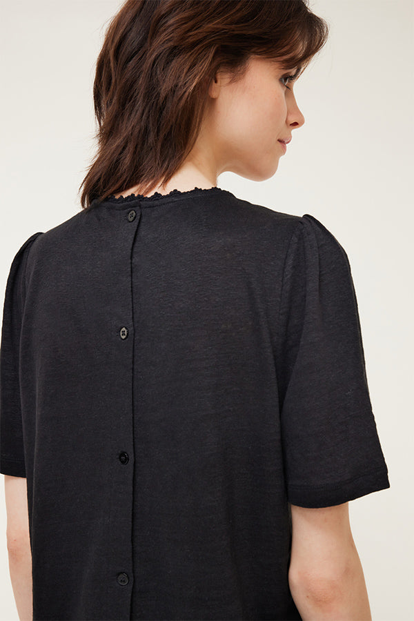 MILENNY BLACK NECK DETAIL LINEN T-SHIRT