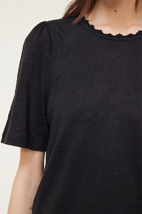 MILENNY BLACK NECK DETAIL LINEN T-SHIRT