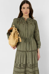 RHONIE KHAKI GREEN COTTON EMBROIDERY LONG DRESS