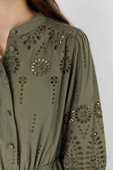 RHONIE KHAKI GREEN COTTON EMBROIDERY LONG DRESS
