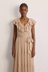 ANIA NATURAL RUFFLES STRIPED MAXI DRESS