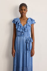 ANIA BLUE RUFFLES STRIPED MAXI DRESS