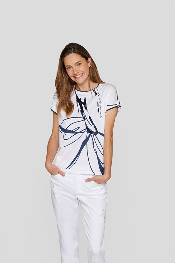 SEQUINNED FLORAL PRINT STRIPED T-SHIRT