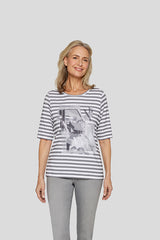 GREY ABSTRACT PRINT STRIPED T-SHIRT