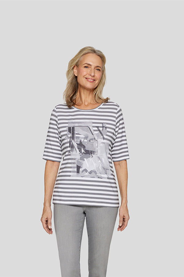 GREY ABSTRACT PRINT STRIPED T-SHIRT