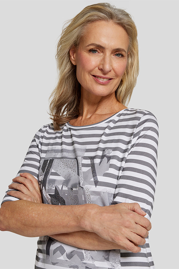 GREY ABSTRACT PRINT STRIPED T-SHIRT