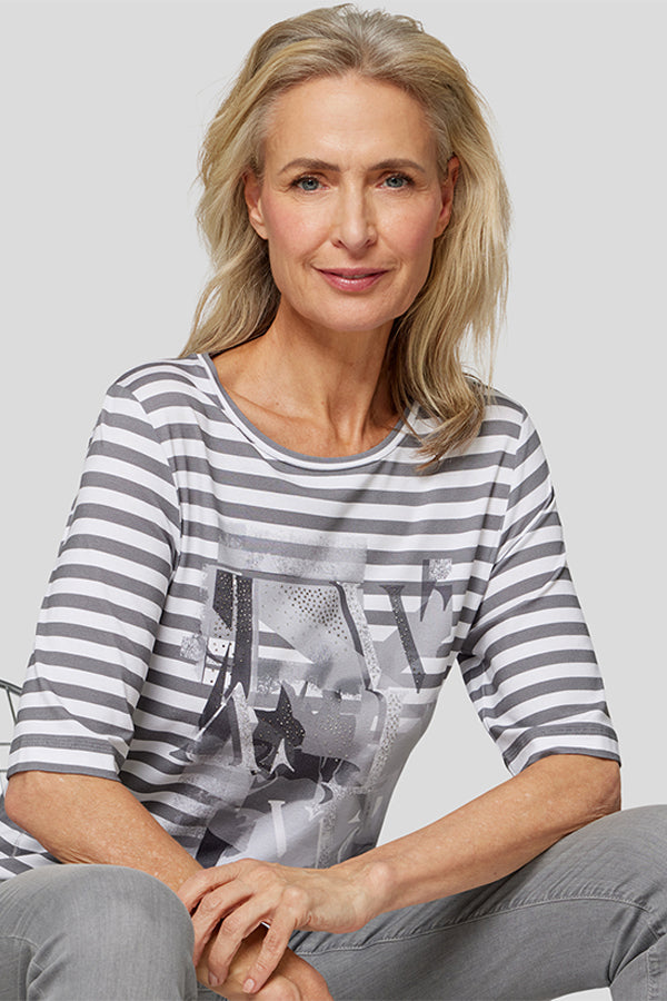 GREY ABSTRACT PRINT STRIPED T-SHIRT