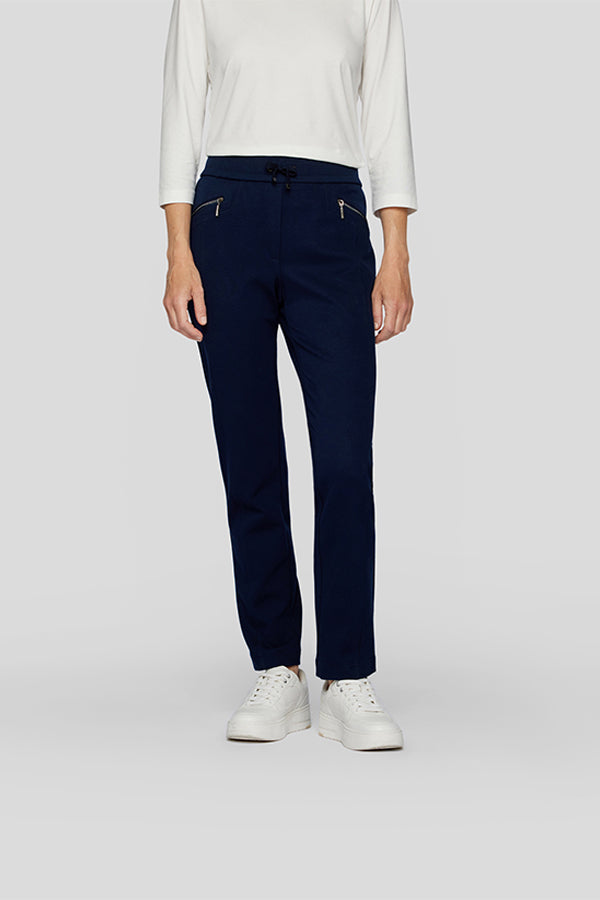 NAVY ELASTICATED ZIPPED TROUSERS