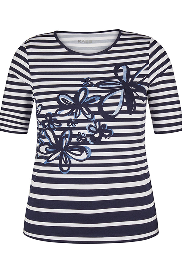 NAVY FLORAL PRINT STRIPED T-SHIRT