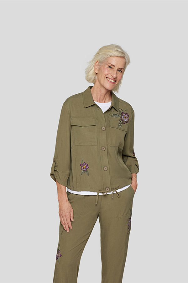 KHAKI EMBROIDERED SHIRT JACKET