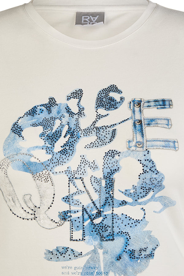 DENIM PRINT RHINESTONE T-SHIRT