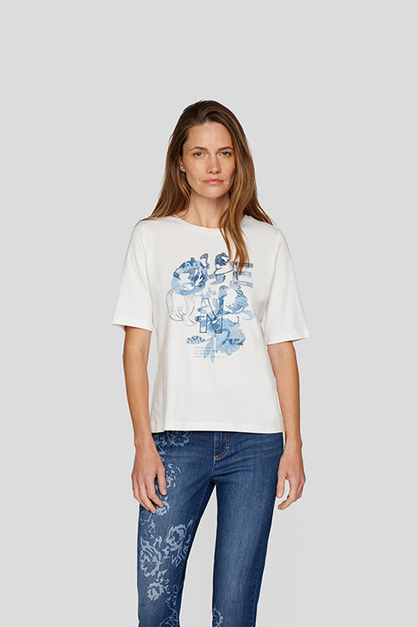 DENIM PRINT RHINESTONE T-SHIRT