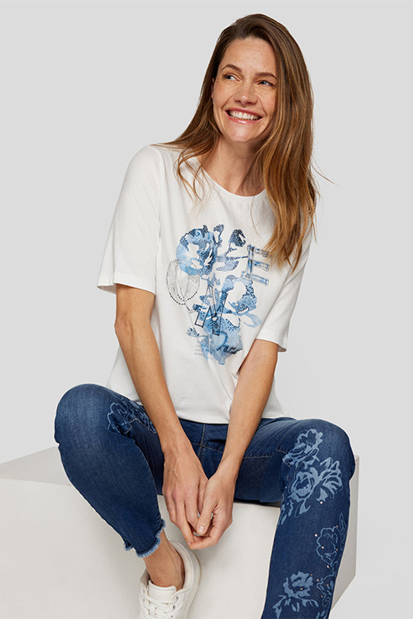 DENIM PRINT RHINESTONE T-SHIRT