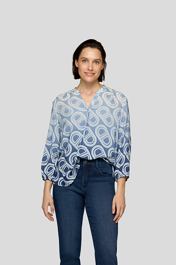 BLUE GEOMETRIC PRINT V NECK BLOUSE